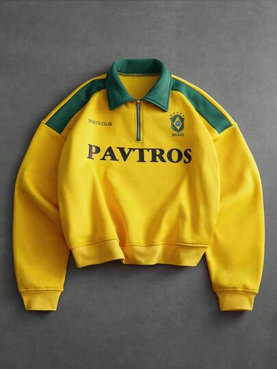 PAVTROS Men's Street Style Collared Quarter Zip Pullover Sweatshirt, Thermal Lined Sweatshirt, Brazilian Vibe, Sports & Casual New, Distinctive Style, Brand Logo, Themed Design, Suitable For Daily Wear, Sports, Leisure, Themed Events, Holiday Gifts, Boyfriend Gifts Yellow Hoodies Sweat Shirts Quarter Zip Cropped Shirts