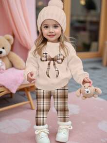 Khaki, Casual Geometric Plaid Bow Print, Baby Girl Comfortable Soft Warm Round Neck Long Sleeve Sweatshirt And Leggings Set, Suitable For Autumn/Winter Daily Wear, New Year, Street Style, Home
