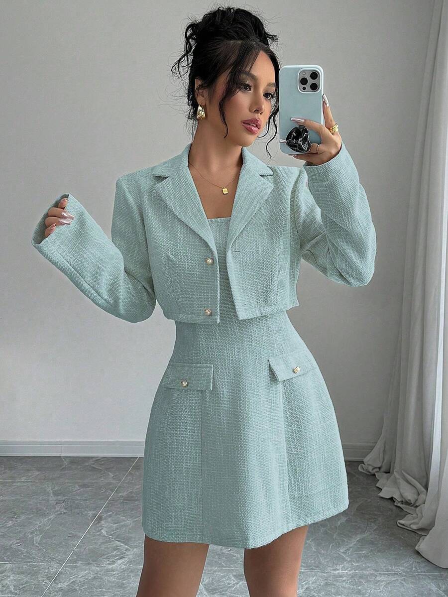 Elenzga Bộ 2 áo khoác ngắn vải tuýt dành cho nữ + váy ngắn ống - Màu xanh lam - Xem 1