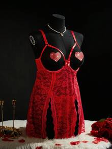SpicyHot Bộ 4 món: Váy lót ren có gọng cỡ lớn + Quần lọt khe + Miếng dán nhũ hoa, Gợi cảm cho ngày Valentine - Đỏ - Xem 5