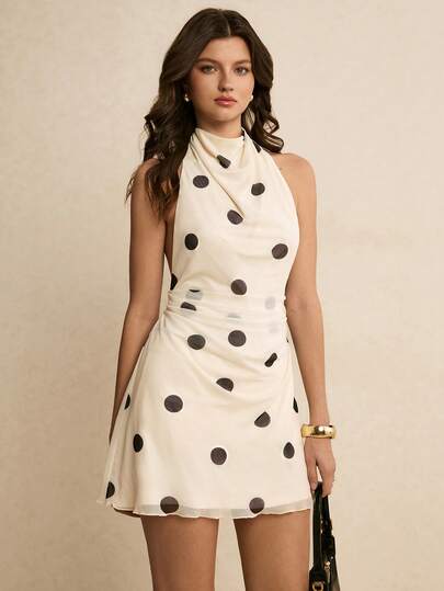 Poéselle Vestido corto elegante y de moda con estampado de lunares y espalda descubierta para mujer