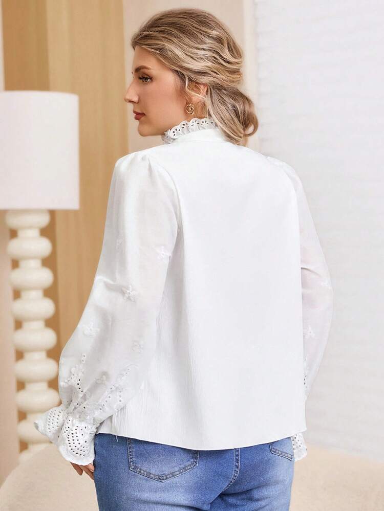 Plus Size Women Embroidered Ruched Single-Breasted Collar Flare Sleeve Fashionable Versatile Blouse Winter For Women New Year Christmas Party Elegant Women Shirt For Women Elegant White Blouse For Women White For New Year's Eve White Shirt White Blouse