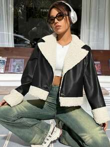 SHEIN EZwear Damska kurtka z futrzanym wykończeniem i kołnierzem garniturowym na jesień/zimę