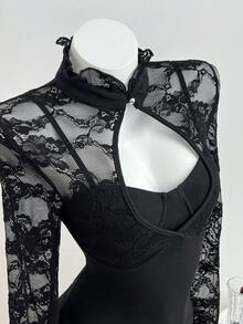 Elamini Women's Summer Elegant Blouse With Stand-Up Collar, Slim-Fitting & Lace Cutout Paneled – Ideal For New Year Party - Black - View 1