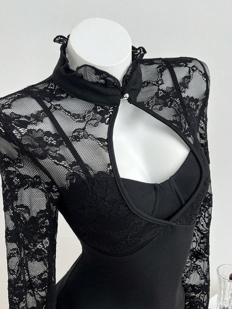 Elamini Women's Summer Elegant Blouse With Stand-Up Collar, Slim-Fitting & Lace Cutout Paneled – Ideal For New Year Party - Black - View 1