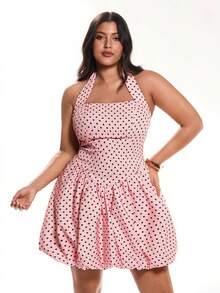 Solavibe Women's Plus Size Polka Dot Print Halter Tie Back Backless Dress,Pastel Pink,Summer,1920s Flapper,70's,Party Vintage Babydoll Skater Tea Party Dress - Pink - View 1
