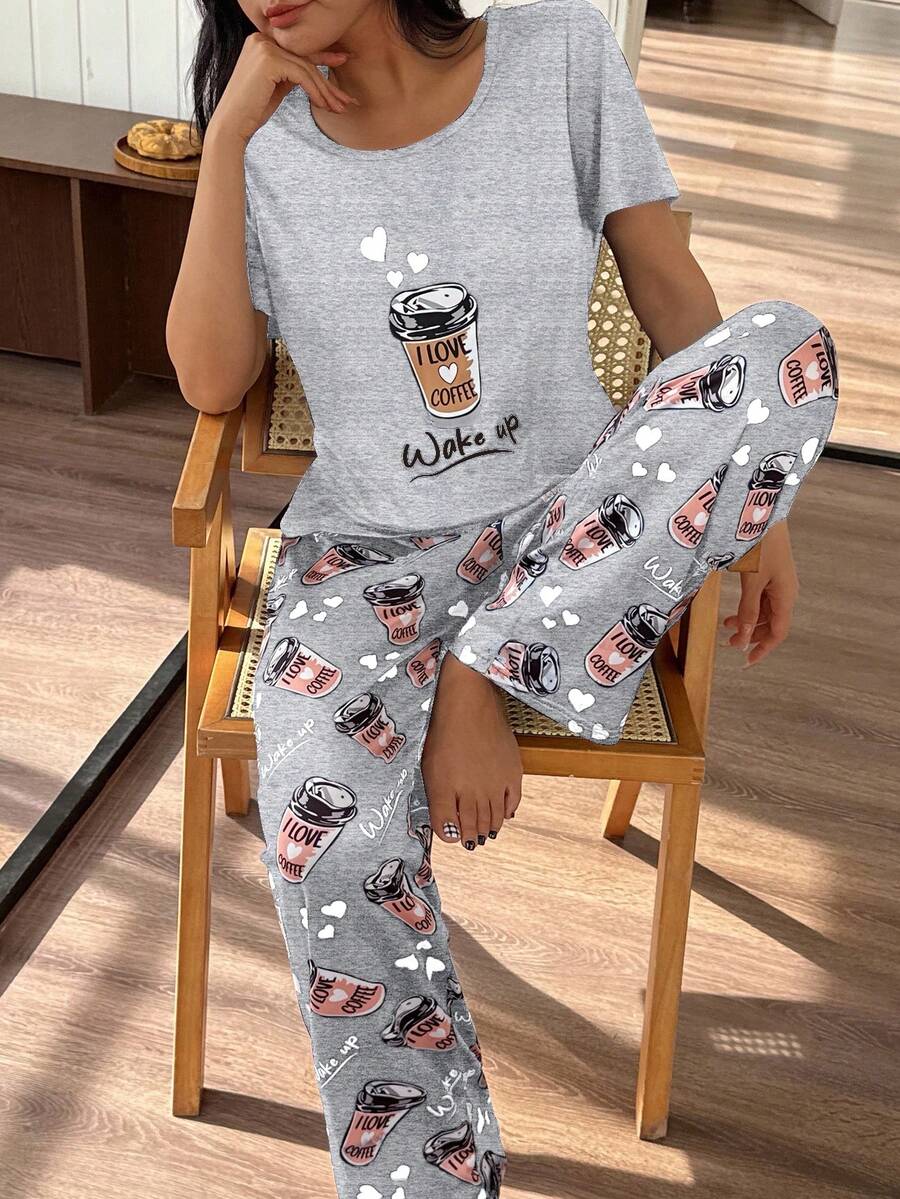 Dream Adore 女士咖啡杯印花休闲圆领短袖睡衣套装 - 灰色 - 查看 1