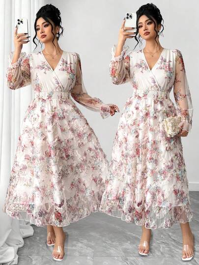 Elenzga Plus Size Women's Elegant Floral V-Neck Cinched Waist High Slit A-Line Dress, Suitable For Daily Commute, Party, Evening, Outing, Club, With 3D Floral Trim Design