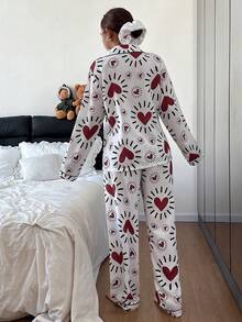 SHEIN Bộ đồ ngủ tay dài in hình trái tim và quần dài họa tiết bong bóng dành cho nữ - trắng - Xem 3