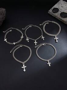 ROMWE Goth Bộ 5 vòng tay thánh giá Punk, phụ kiện kim loại Hip Hop cá nhân hóa dành cho nam, thích hợp đeo hàng ngày, dự tiệc và làm quà tặng ngày lễ - Bạc - Xem 4