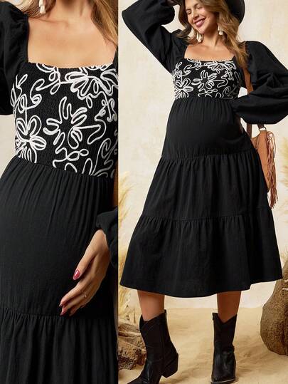 Boho Mama BOHO Maternity DRESSES Bohomama Maternity Floral Textured Smocked Design Shirred Lantern Sleeve Fashionable Dress Boho Maternity Dress Bump Friendly Dress Peasant Dress Black Western Dress French Style Dress