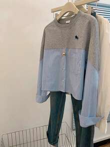 Resyla 女士休闲条纹拼接衬衫，秋季