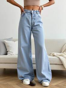 SHEIN ChillGRL 少女Y2K风格休闲宽松直筒水洗牛仔裤+基础款松紧腰+浅蓝色水洗牛仔裤，舒适面料，适合所有季节 - 淺色水洗藍 - 查看 8