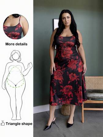 Truni Itsmisslys Plus Size Summer 1pc Spaghetti Strap Waist Ruched Red Floral Print Dress,Women,New Year Eve Dress,Festival,Party Women Dresses,Elegant Women Dresses,Thanksgiving Dress,Valentine's Day,Beach Dress Sundress,Holiday Outfits Boho, For Pear Triangle Body Shape