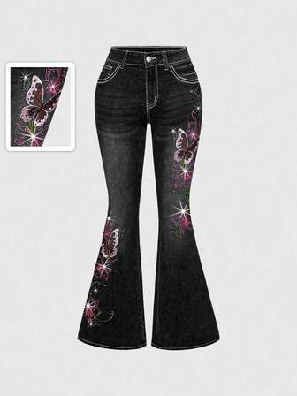 Fairycore Jeans évasés rétro Y2K sexy pour femmes avec broderie de vignes de papillon et strass
