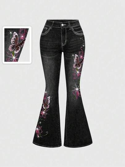 Fairycore Women's Retro Y2K Sexy Butterfly Vine Embroidered Rhinestone Flare Jeans