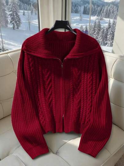 Airaco كارديجان سحاب بياقة عالية محبوك بخطوط كيبل لون سادة للنساء، للاستخدام اليومي والتنقل، موسم الخريف/الشتاء