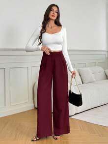 SHEIN Tall Casual Versatile Solid Color High Waisted Wide Leg Pants,Tall Casual Autumn And Winter Style - Burgundy - View 5