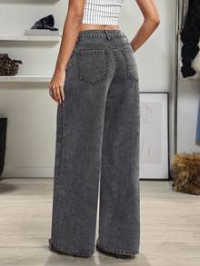 Jeanoix 女士复古直筒宽松休闲时尚百搭中腰牛仔裤 - 黑色 - 查看 2