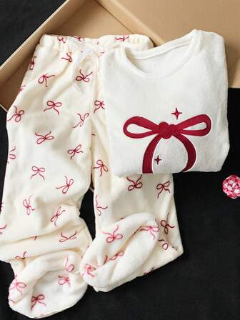 Comfortcana 女士蝴蝶结刺绣圆领落肩长袖休闲宽松T恤