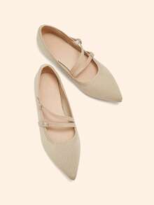 CUCCOO BASICS 杏仁尖头针织平底鞋，舒适透气，百搭通勤工作休闲一脚蹬女鞋 - 杏色 - 查看 5