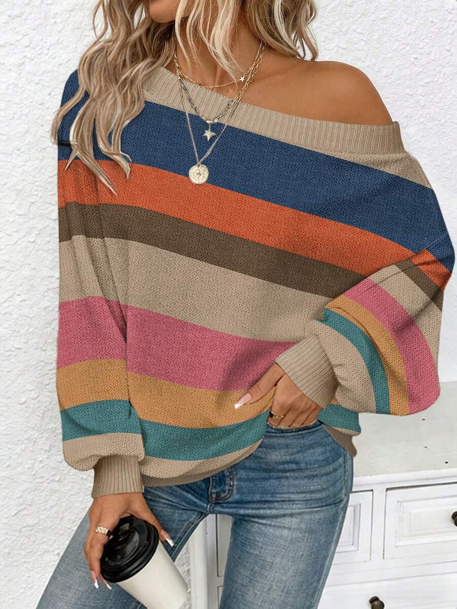 EMERY ROSE Casual Asymmetrical Colorful Striped Off-Shoulder Sweater For Women, Suitable For Autumn/Winter - Multicolor - View 1