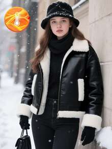 SHEIN Teen Girl Vintage Retro Style Fleece Jacket For Casual Commuter Daily Wear, Long Sleeve, Winter, Holiday - Black - View 3