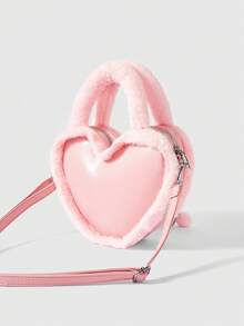 ROMWE Kawaii Women's Heart-Shaped Handbag, Fall/Winter Fuzzy Crossbody Bag - Pink - View 6