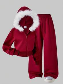 SHEIN ChillGRL Streecool 女童两件套：带拉链连帽外套（毛边下摆）+ 抽绳直筒裤，适合秋冬季休闲、通勤和度假穿着。 - 酒紅色 - 查看 3