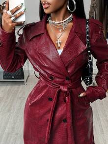 BamGleam Women's Fashion Commuter Crocodile Embossed Double-Breasted Coat Winter For Women Women's Winter Coat, Women's Winter,New Year Coat - Burgundy - View 5
