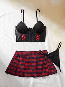 3pcs Lingerie Set: Front Closure Bra + Plaid Mini Skirt, Sexy Underwear, For Christmas