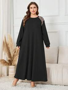 Lacomfia 大码优雅休闲中东豹纹长袖连衣裙 - 黑色 - 查看 4