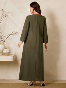 SHEIN Najma Váy Maxi Thổ Nhĩ Kỳ rộng rãi cổ chữ V tay raglan dành cho nữ, phong cách truyền thống Ả Rập - màu xanh lá - Xem 5