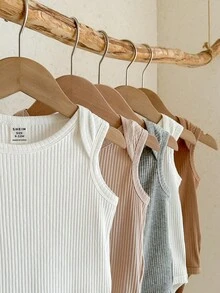 SHEIN 5件套新生儿男女通用婴儿服装，男婴休闲可爱纯色针织无袖连体衣（多色） - 彩色 - 查看 5
