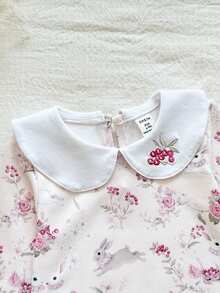 SHEIN Vintaside Kids 1件女婴花卉刺绣领长袖连体衣，兔子印花，可爱休闲连体衣，适合春秋季外出、聚会、圣诞节、新年、情人节等节日穿着。 - 粉色 - 查看 3