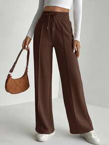 SHEIN Tall 女士休闲棕色针织阔腿运动裤，长款纯色，带实用口袋，高腰设计 - 棕色 - 查看 6