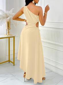 SOLERSUN One Shoulder Cut Out Drawstring Side Asymmetrical Hem Dress Dress Maxi Women Outfit - Apricot - View 2