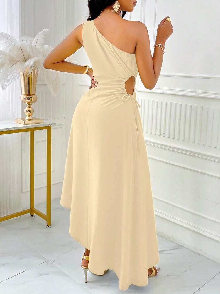 SOLERSUN Vestido maxi para mujer con un solo hombro, recorte, cordón lateral y bajo asimétrico - Albaricoque - Añade 2