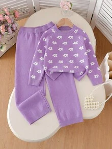 SHEIN Vintaside Kids Girls & Toddlers Casual, Fashionable & Cute Cartoon Flower Sweater & Sweater + Sweater Pants Woolen Suit, Versatile For Travel And Outings Girls Sweater Sets Kids Two Piece Set Winter Young Girls Sets Kids Purple Outfit Girls Comfy Set - Purple - View 1