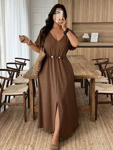 Weeklong Plus Size Women's Beaded Decor Waist Cinched A-Line V-Neck Casual Dress, Spring/Summer Brown Maxi Dress Coffee Brown Dress Linen Maxi Dress - Brown - View 3