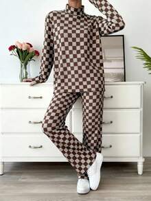EURMUSE Autumn Fashionable Checkerboard Collar Top And Pants Set - Multicolor - View 1