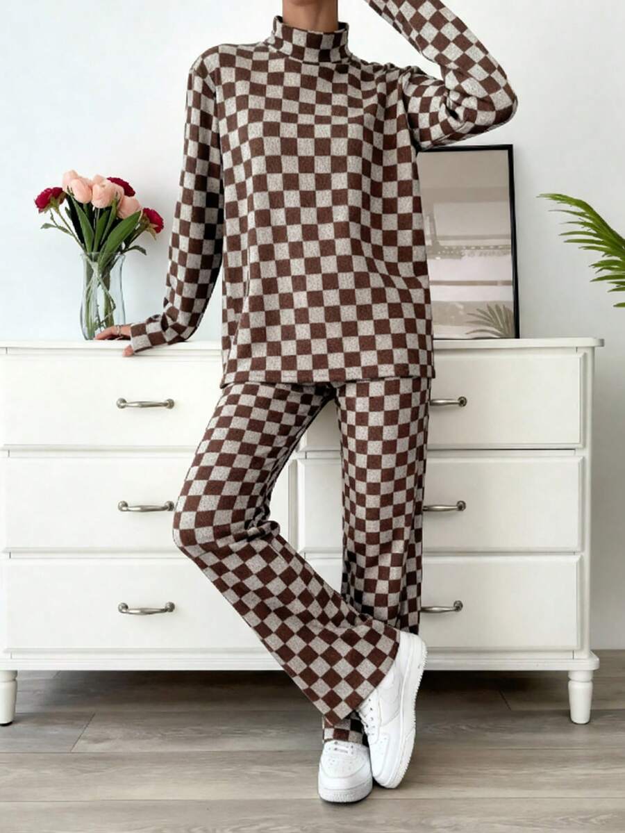 EURMUSE Autumn Fashionable Checkerboard Collar Top And Pants Set - Multicolor - View 1