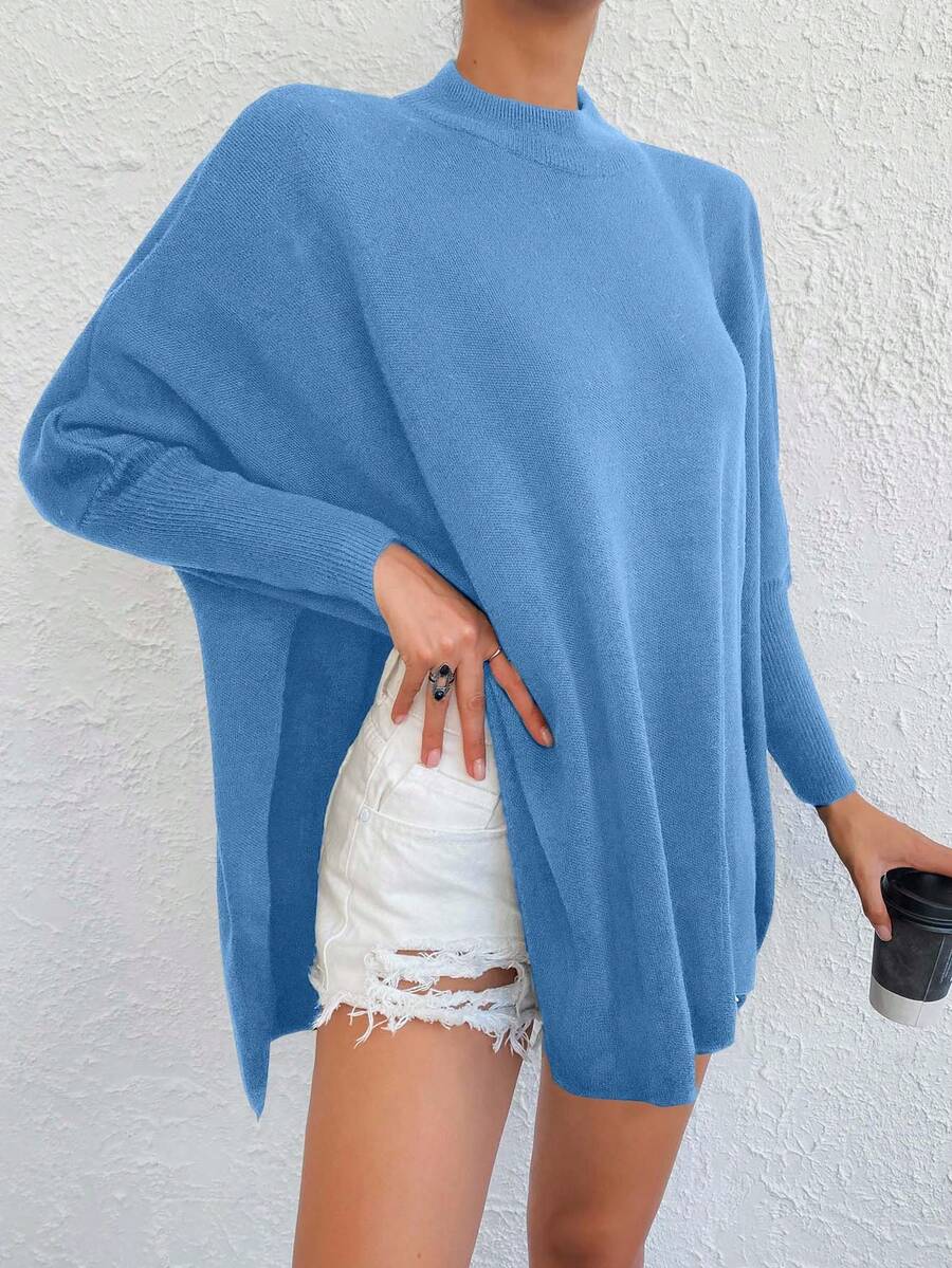 EURMUSE Solid Color Split Hem Casual Loose Fit Long Sleeve Pullover Sweater - Baby Blue - View 1