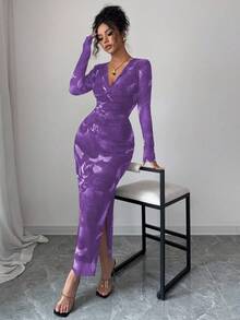 Elenzga Women's Elastic Mesh Floral Pattern Dress, Chic And Feminine Design With Criss-Cross Twist V-Neck, Bodycon Silhouette And Slit, Suitable For Daily Commute, Dates, Parties And Gatherings - Purple - View 4