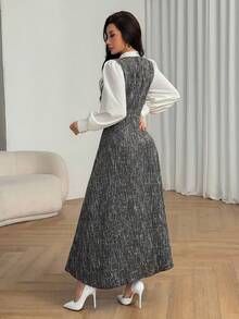 Modelyn Women's Grey Textured Tweed Long Sleeve Button-Down Waist A-Line Elegant Dress - Grey - View 2