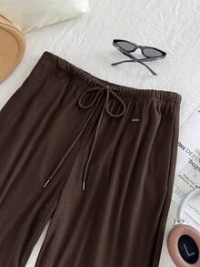 SHEIN EZwear 加大码棕色毛绒保暖舒适休闲抽绳宽松裤 - 棕色 - 查看 11