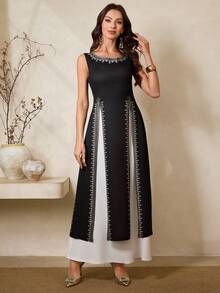 Al Najma 新款中东派对宴会黑白撞色女式长袍 - 黑色 - 查看 2