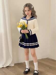 Navy Blue School Girl 2pcs Set, Autumn Back-To-School Outfit, Knitted Cardigan With Sailor Collar And Pleated Skirt, Japanese School Uniform For Young Girls - Royal Blue - View 6