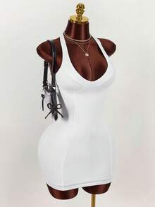 Amplova Women's White Deep V-Neck Backless Mini Bodycon Dress,Summer Y2K Heart-Shaped Bust Sleeveless Racerback Club Bandage Dress Built In Bra Outfit - White - View 6