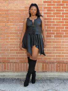 Truni Plus Size Sexy Streetwear Negru PU Cu cravată în față Camisole Top, toamnă - Negru - Vizualizare 4